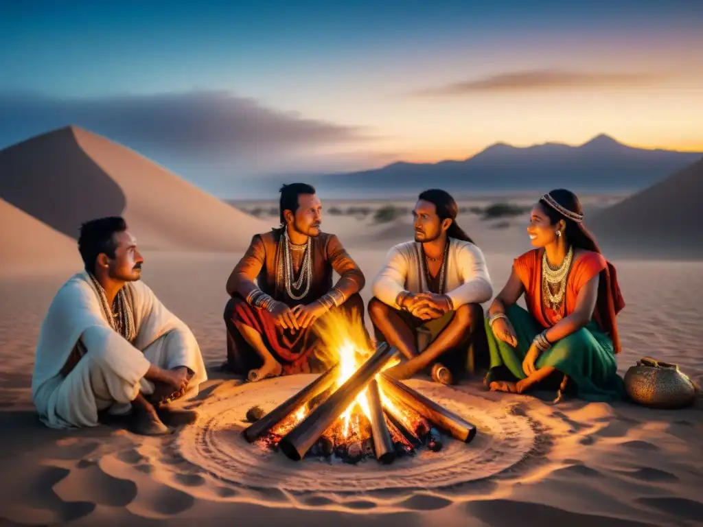 Un grupo de tribus nómadas se reúne alrededor de una fogata en el desierto bajo un cielo estrellado, reflejando el nacionalismo en tribus nómadas