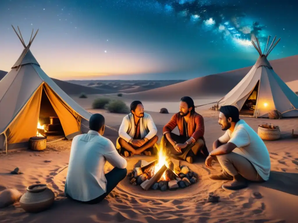 Un grupo de tribus nómadas se reúne alrededor de una fogata en el desierto, compartiendo sabiduría y creando comunidad bajo un cielo estrellado