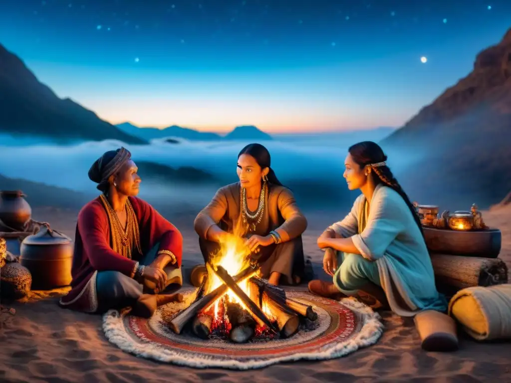 Un grupo de tribus nómadas alrededor de una fogata bajo un cielo estrellado, con textiles tradicionales y artefactos antiguos