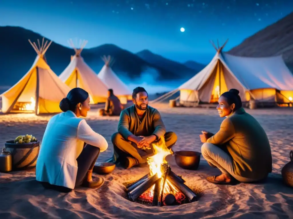 Un grupo de tribus nómadas alrededor de una fogata, en un ritual espiritual bajo un cielo estrellado