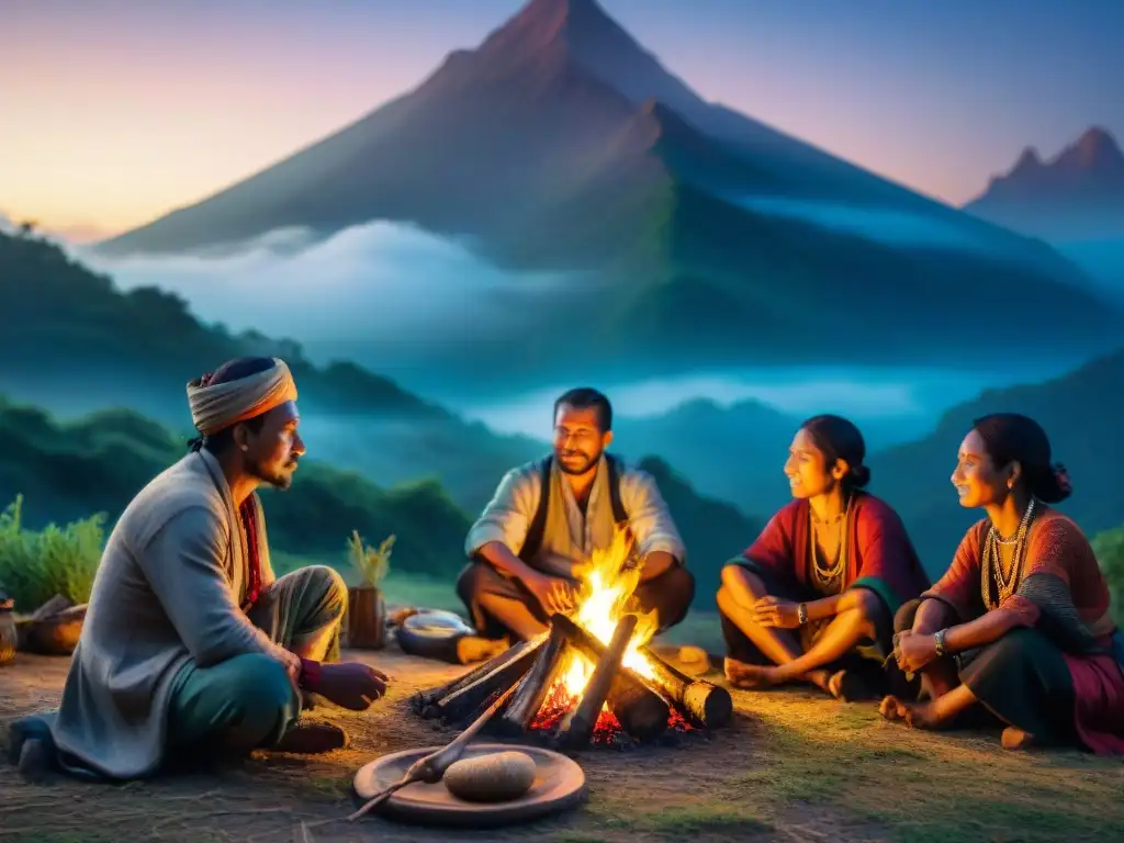 Un grupo de tribus nómadas se reúne alrededor de una fogata, preparando una fiesta con métodos culinarios ancestrales