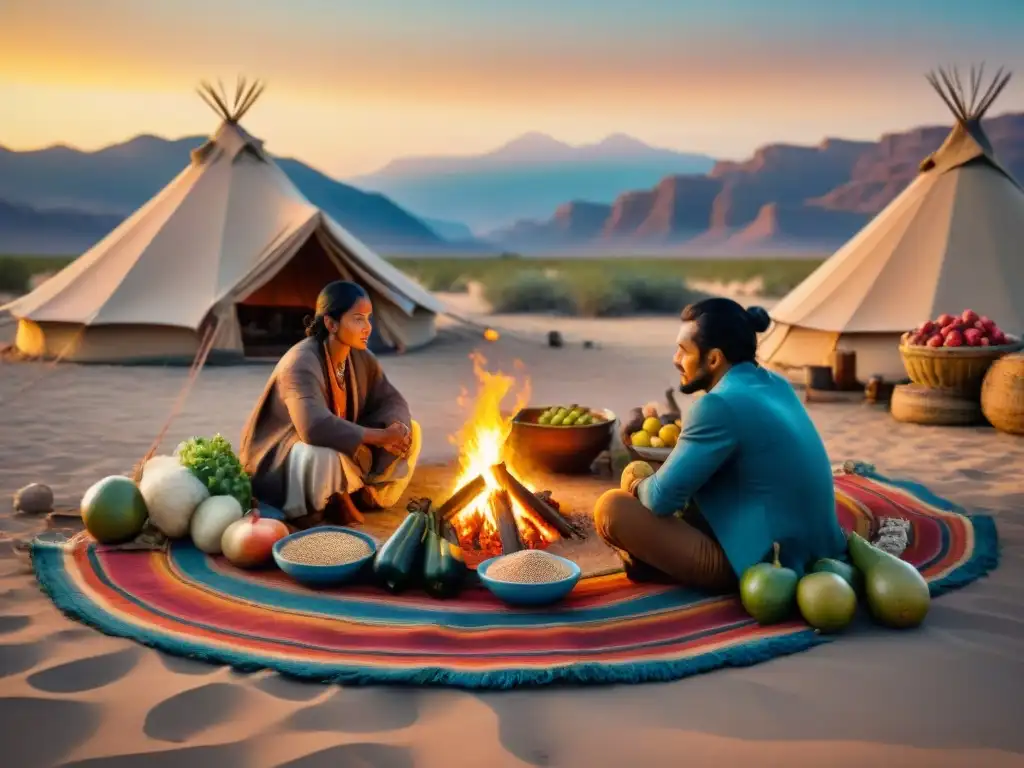 Un grupo de tribus nómadas alrededor de una fogata en el desierto al atardecer, exhibiendo una colorida dieta equilibrada