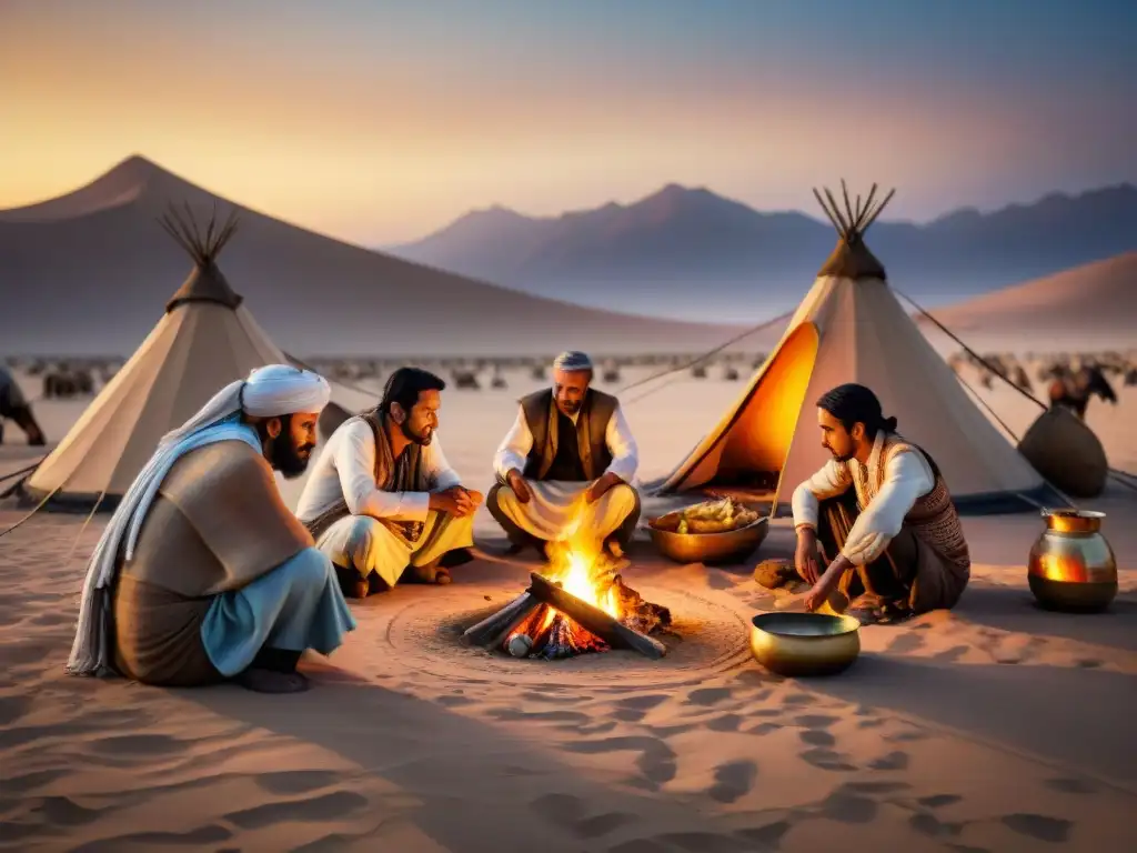 Un grupo de tribus nómadas alrededor de una fogata en el desierto al atardecer