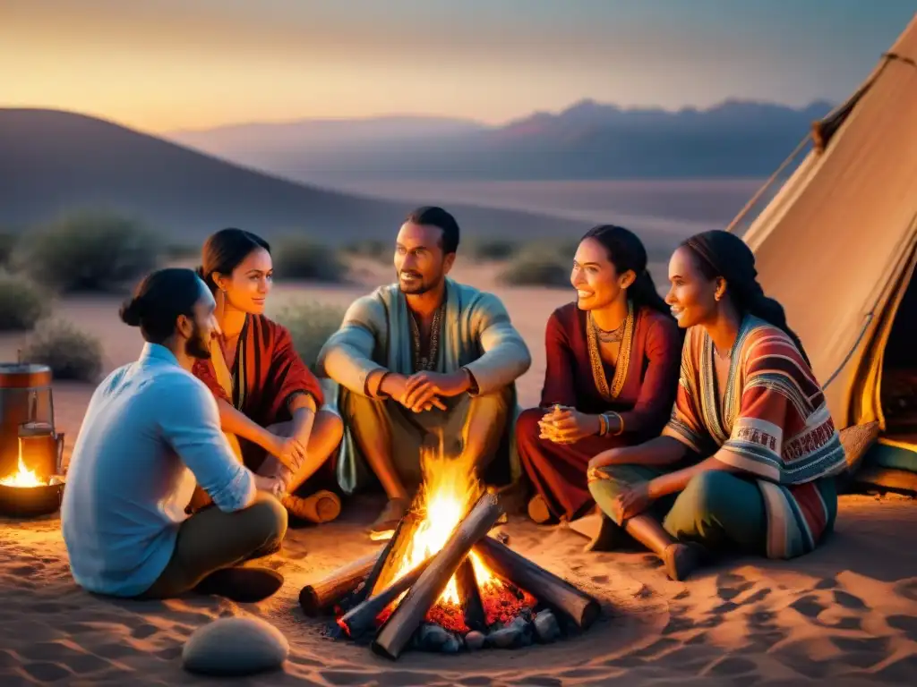 Un grupo de tribus nómadas se reúne alrededor de una fogata al anochecer, transmitiendo tradición narrativa y comunidad en el desierto al atardecer