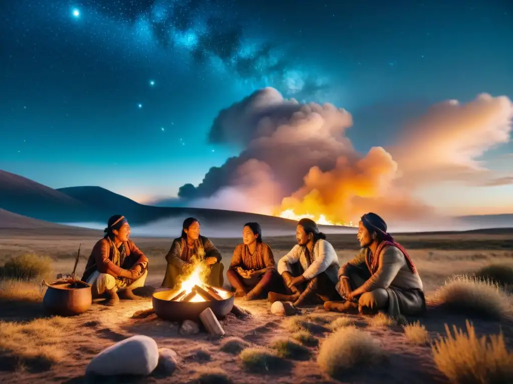 Grupo de tribus nómadas alrededor del fuego en la estepa, evocando la conexión entre historia, tradición y literatura moderna