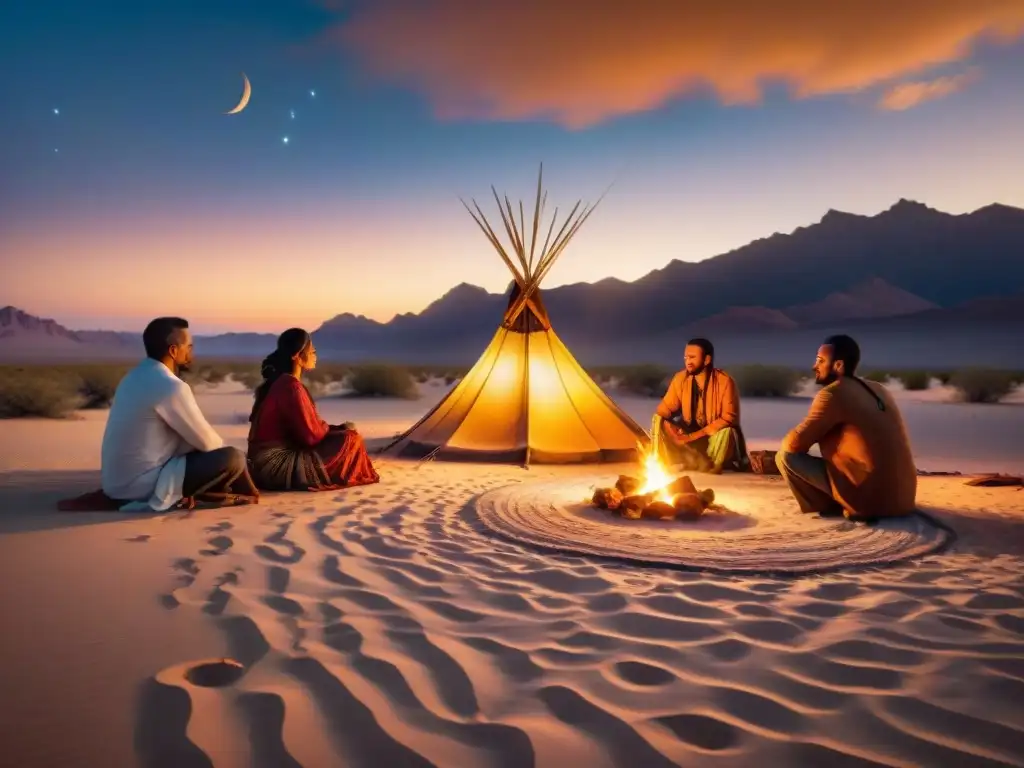 Un grupo de tribus nómadas compartiendo historias alrededor de una fogata en el desierto bajo un cielo estrellado