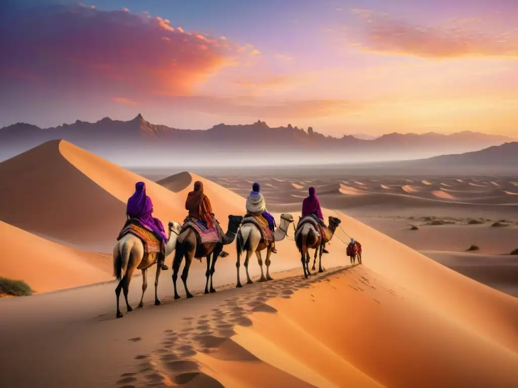 Un grupo de tribus nómadas, montados en camellos, atraviesa el desierto al atardecer