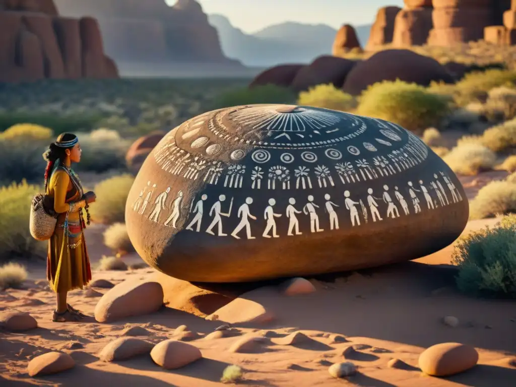 Grupo de tribus nómadas tallando petroglifos en paisaje árido al atardecer