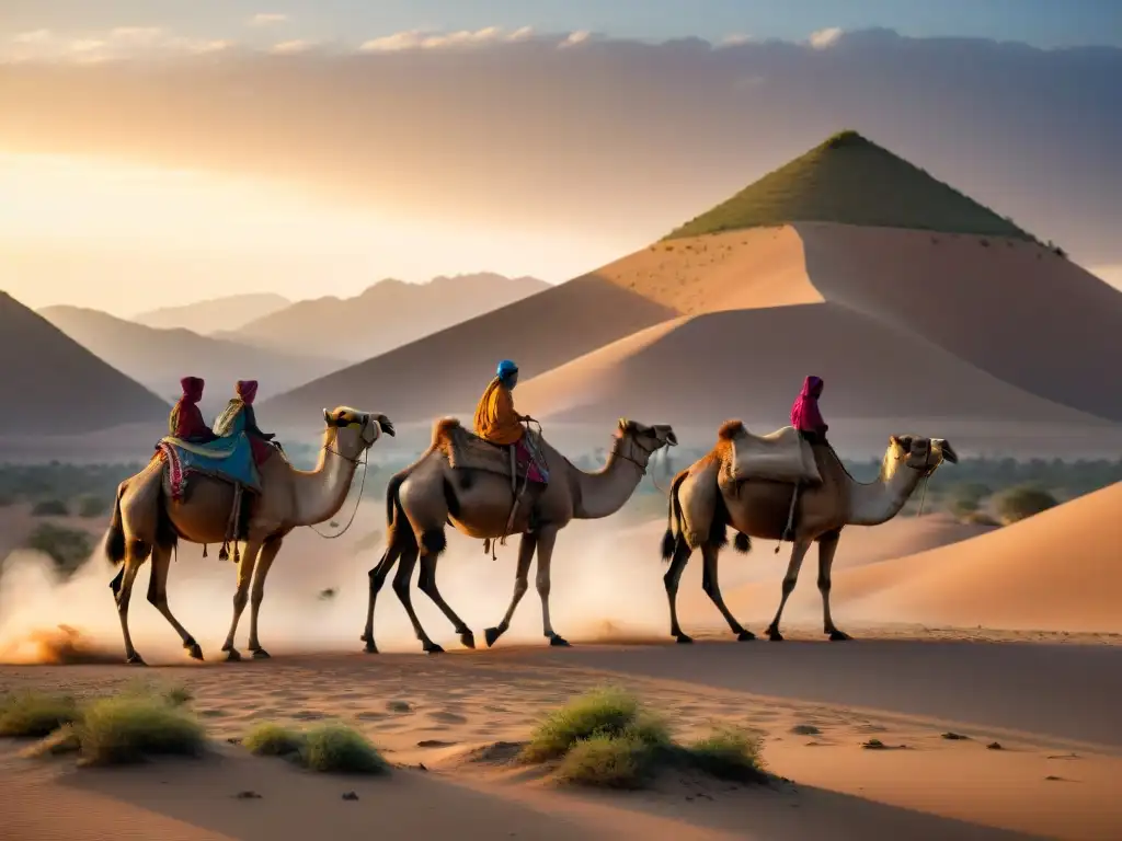 Grupo de tribus nómadas creando refugio en desierto al atardecer