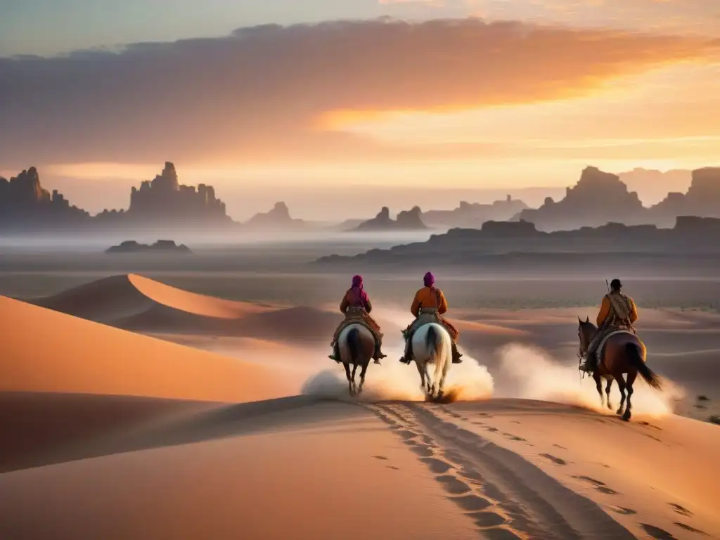 Grupo de tribus nómadas mostrando su resiliencia genética en un vasto desierto dorado al atardecer