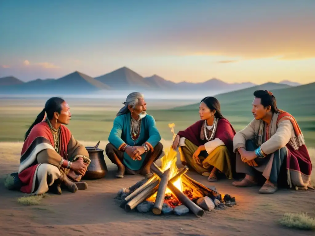 Un grupo de tribus nómadas reunidas alrededor de una fogata en la estepa, compartiendo historias y reconstruyendo arte ancestral al atardecer