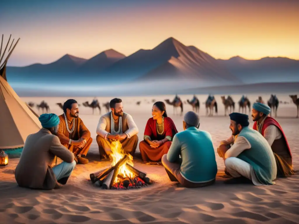 Un grupo de tribus nómadas reunidas alrededor de una fogata en el desierto bajo un cielo estrellado