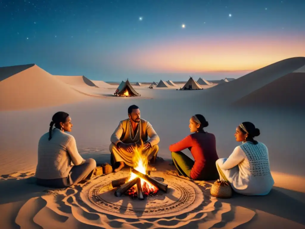 Comunidad nómada en la noche estrellada: vida tradicional en las dunas Grupo de tribus nómadas reunidas alrededor de una fogata bajo un cielo estrellado, preservación diversidad lingüística tribus nómadas