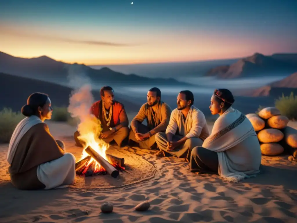 Un grupo de tribus nómadas realiza un ritual funerario alrededor de una fogata en la noche estrellada