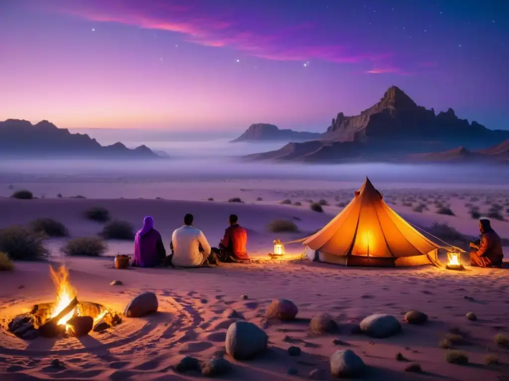 Un grupo de tribus nómadas preparando sus tiendas alrededor de una fogata en el desierto al atardecer, bajo un cielo estrellado