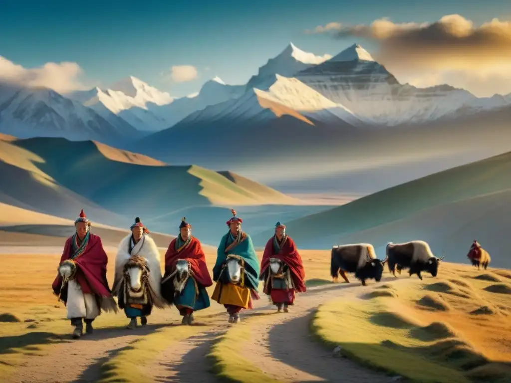 Un grupo de tribus nómadas tibetanas atraviesa un vasto altiplano al atardecer, transmitiendo historias de resistencia