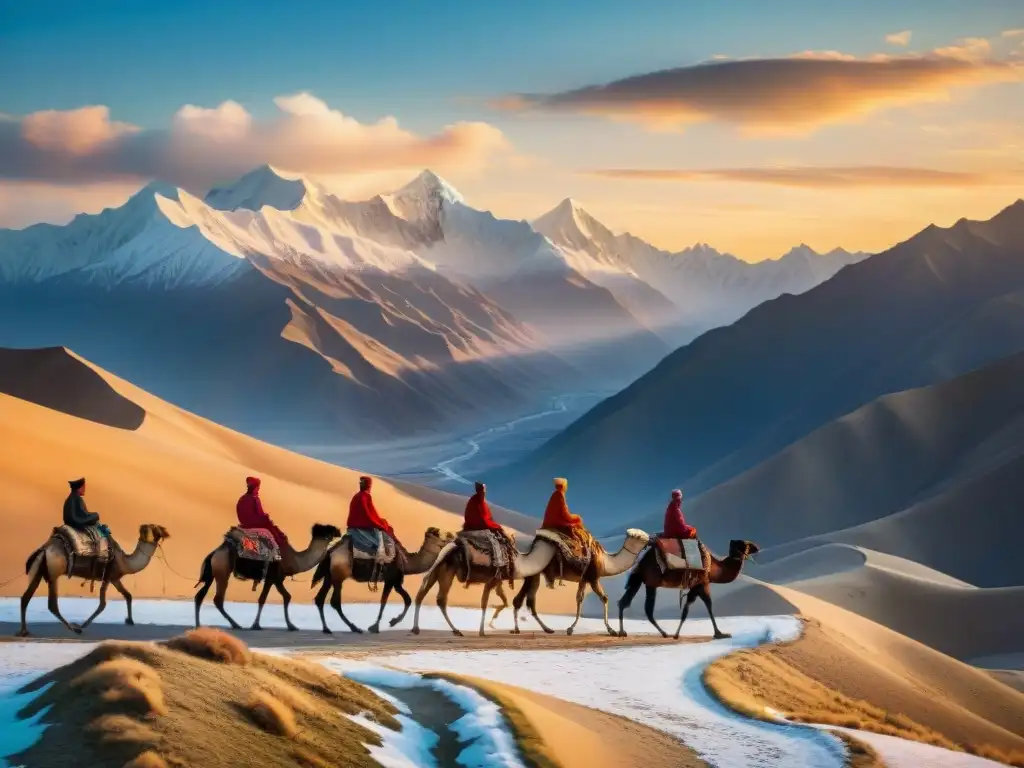 Un grupo de viajeros nómadas en camellos recorriendo la Ruta de la Seda, rodeados de majestuosas montañas nevadas al atardecer