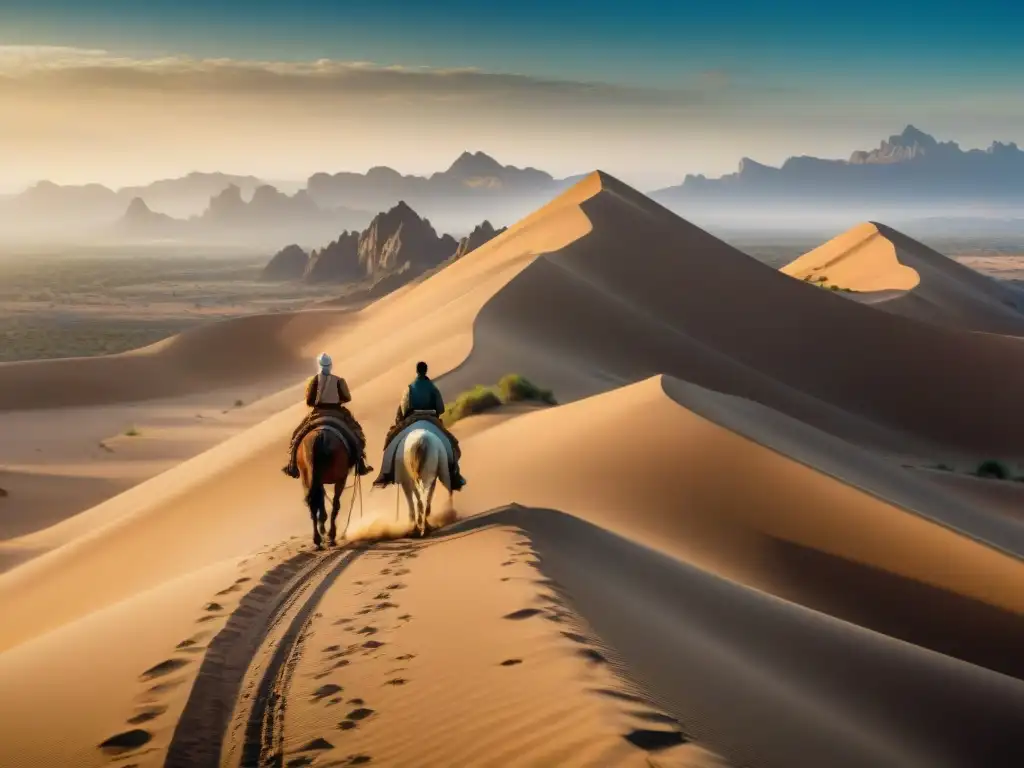 Grupo de viajeros nómadas en camellos, atravesando un desierto, evocando la resistencia nómada en la Ruta de la Seda