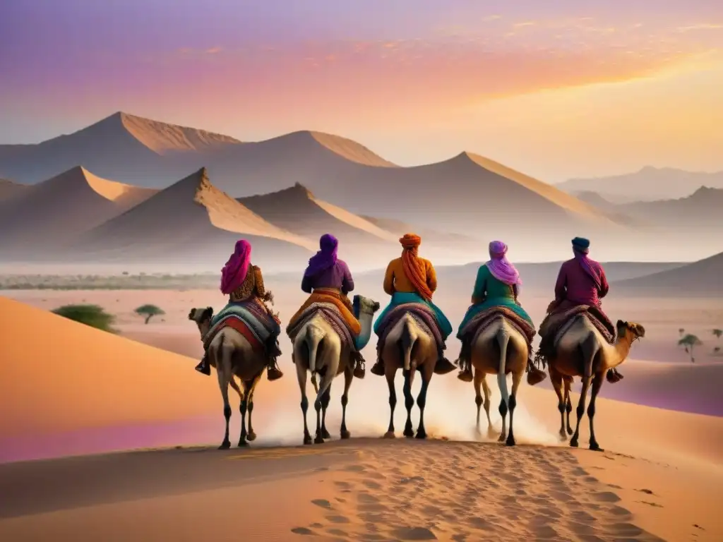 Un grupo de viajeros nómadas camina por un vasto desierto al atardecer, con tiendas tradicionales y camellos al fondo