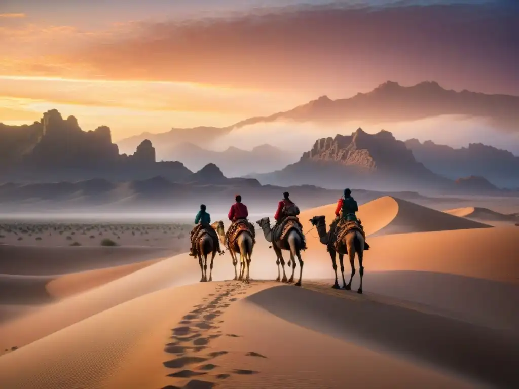 Épica caravana nómada al atardecer en el desierto: 8k Guerras nómadas influencia cultura moderna - Tribu nómada con camellos y tiendas en un desierto al atardecer