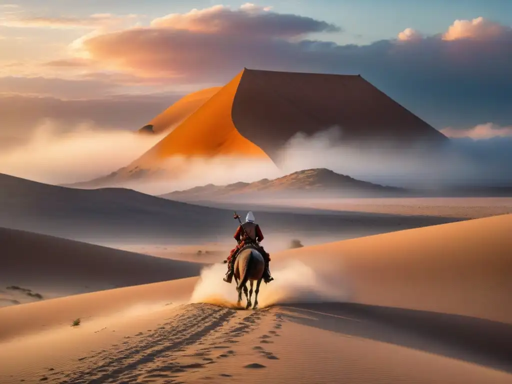 Guerrero nómada al atardecer: legado de batallas y cultura Un guerrero nómada en el desierto al atardecer con su espada alzada, rodeado de tiendas y camellos