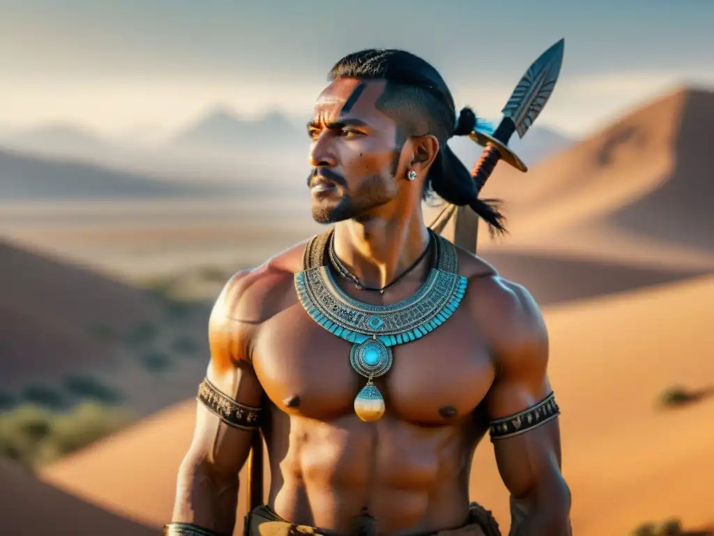 Guerrero nómada con espada tribal en desierto, detallado en 8k Un guerrero nómada con una espada tribal elevada en el desierto