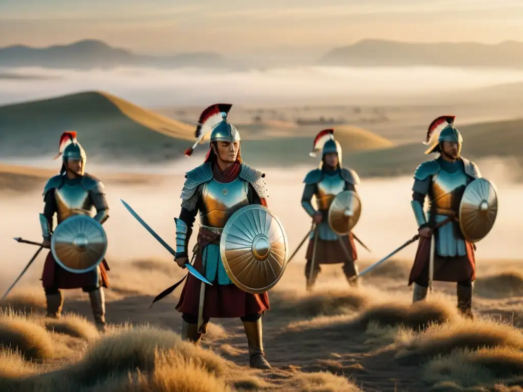 Iniciación de guerreros en la estepa: jóvenes luchadores con armaduras tradicionales y armas antiguas, rodeados de un paisaje vasto al atardecer