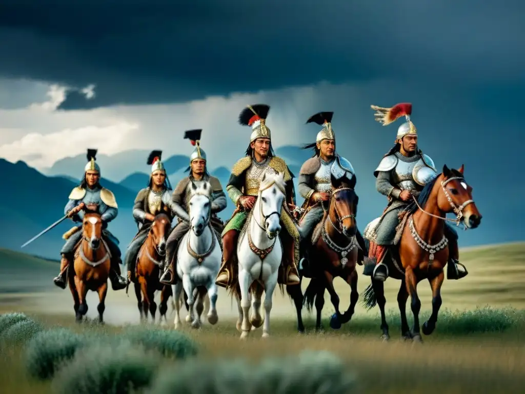 Héroes Scythian en Siberia, guerreros montados, armaduras detalladas y cielo tormentoso