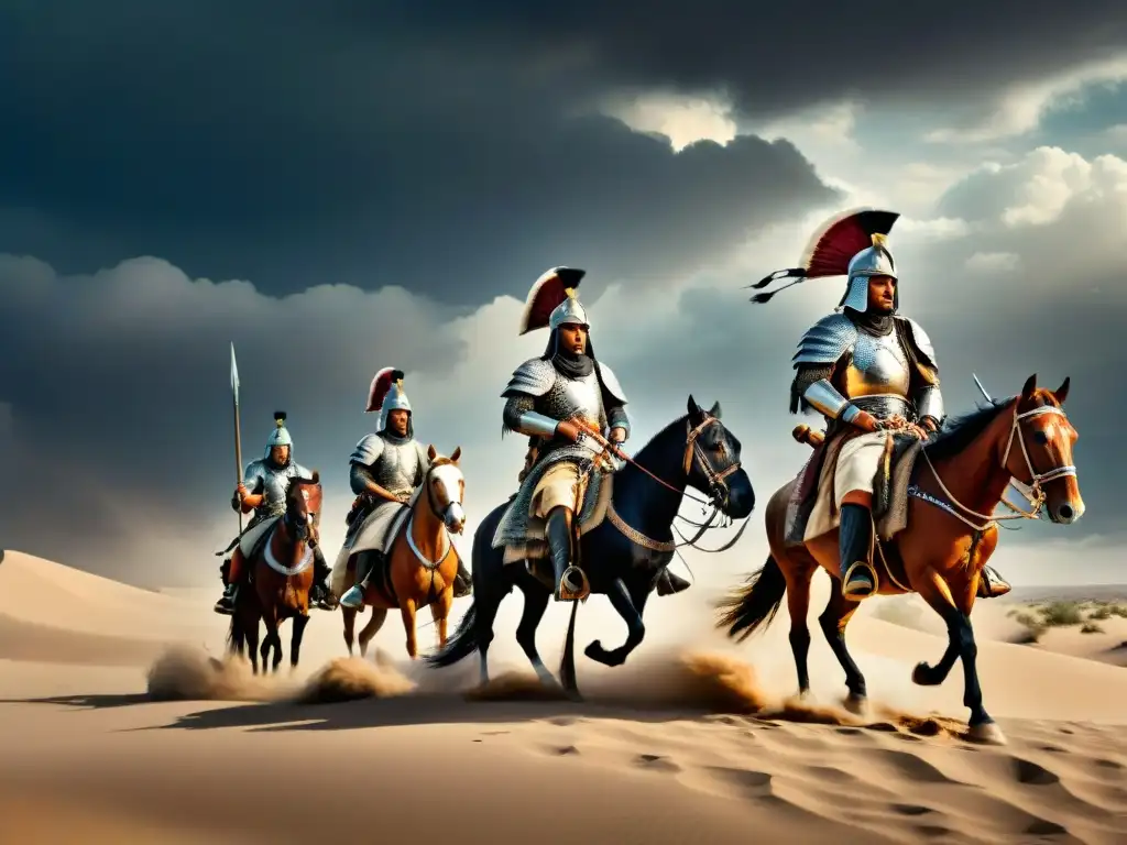 Épica batalla de guerreros nómadas en el desierto Épica ilustración vintage de guerreros nómadas en un desierto, influencia cultura moderna