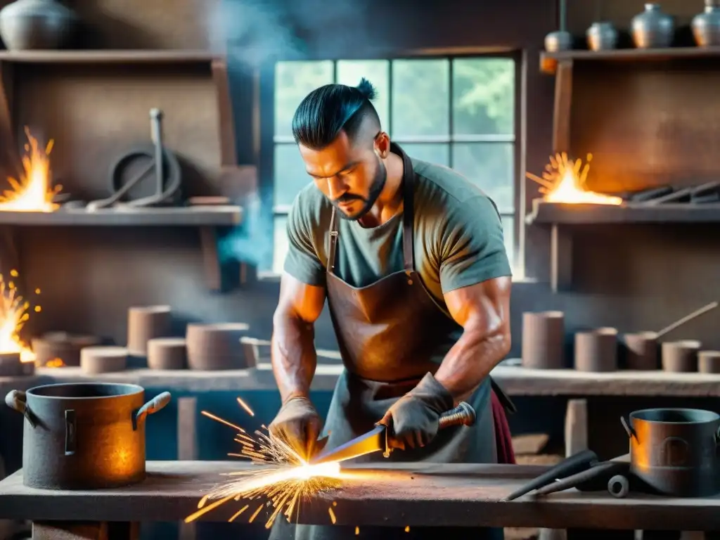 Un hábil herrero forja armas invencibles de las estepas en su taller tradicional, entre fraguas brillantes y espadas de acero Damasco