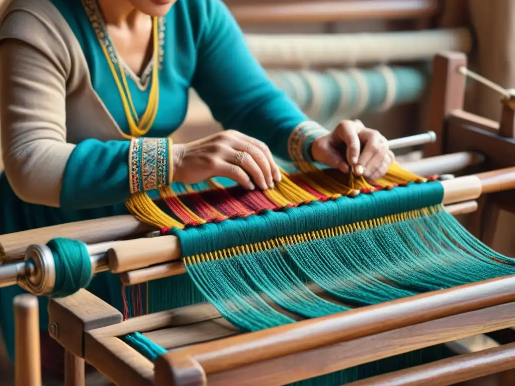 Un hábil artesano de las estepas tejiendo un diseño tradicional con hilos coloridos en un telar de madera vintage