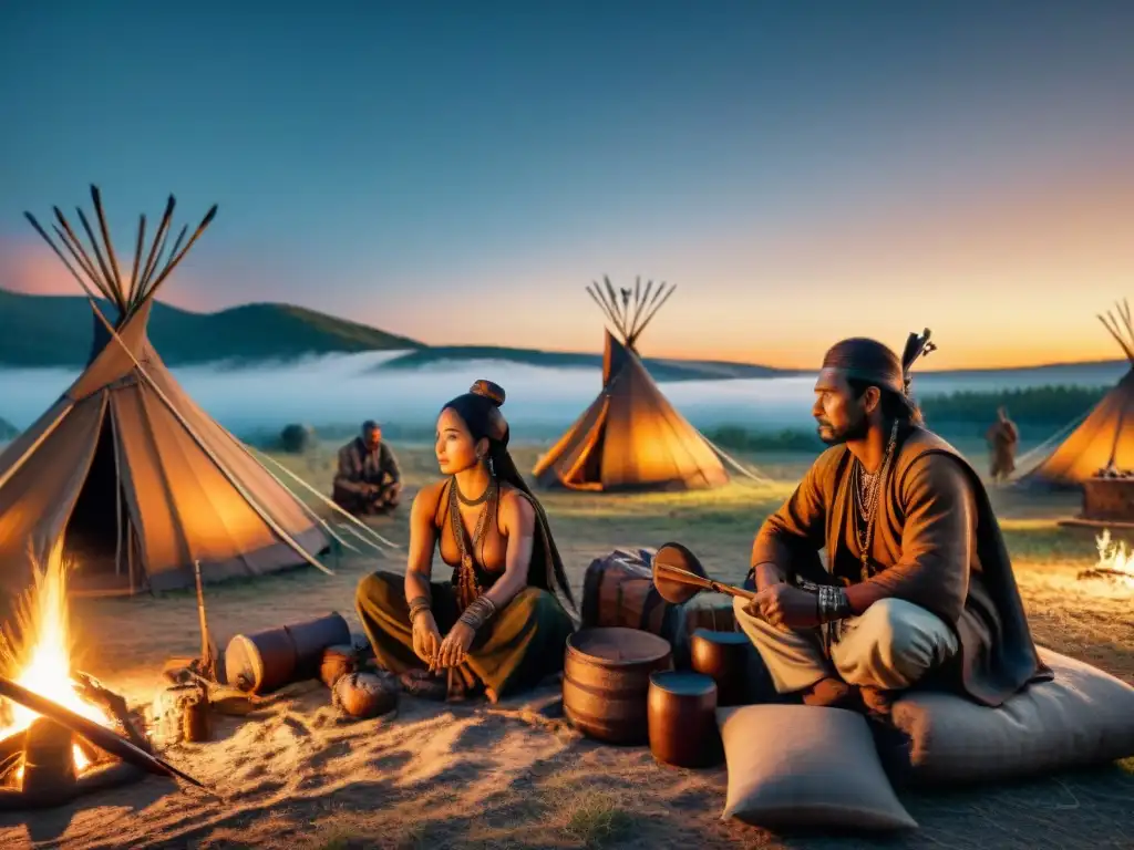 Campamento nómada al atardecer: artesanos de arcos y flechas Hábiles artesanos de tribus nómadas crean armas al anochecer