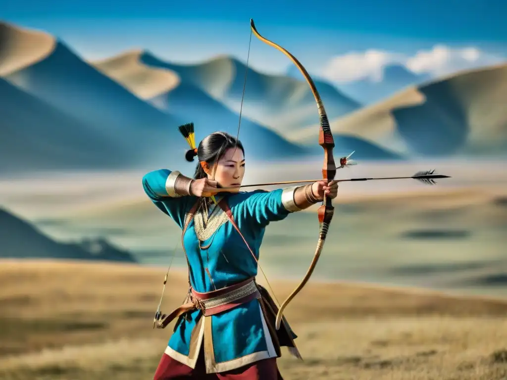 Un habilidoso arquero en la estepa mongol, vistiendo atuendo tradicional, dispara un arco largo de madera y tendón, con el cielo azul de fondo