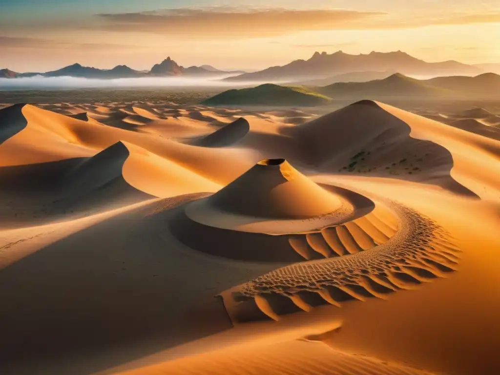 Hallazgos arqueológicos de tribus nómadas en un sitio ancestral bajo un atardecer dorado en dunas de arena