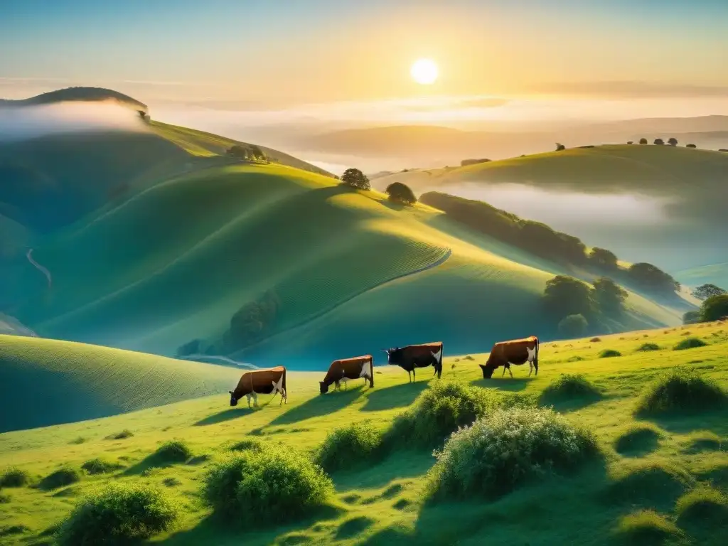 Herd of cows grazing in lush green pasture at sunset, destacando el pastoreo sostenible para proteger suelos