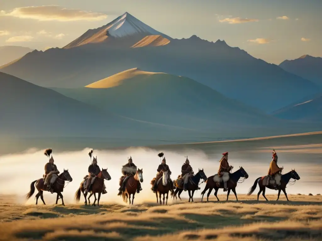 Hermosa caza sostenible de tribus nómadas en la estepa dorada de Mongolia al atardecer