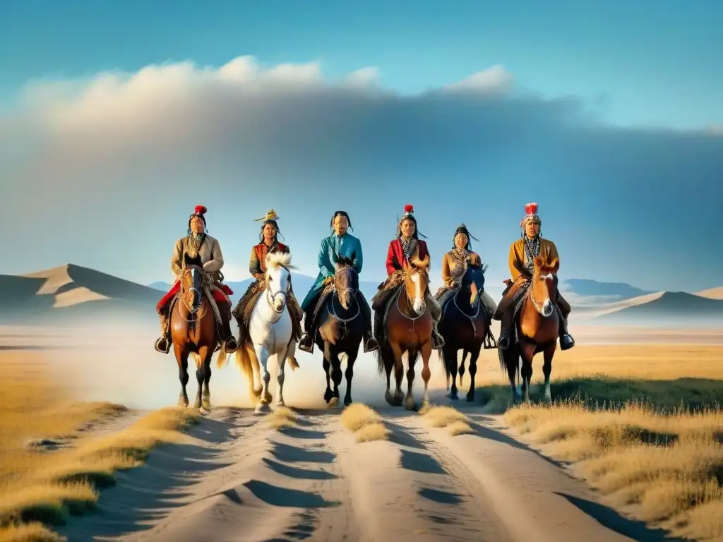 Hermosa imagen de tribus nómadas montando en majestuosos caballos en la estepa dorada