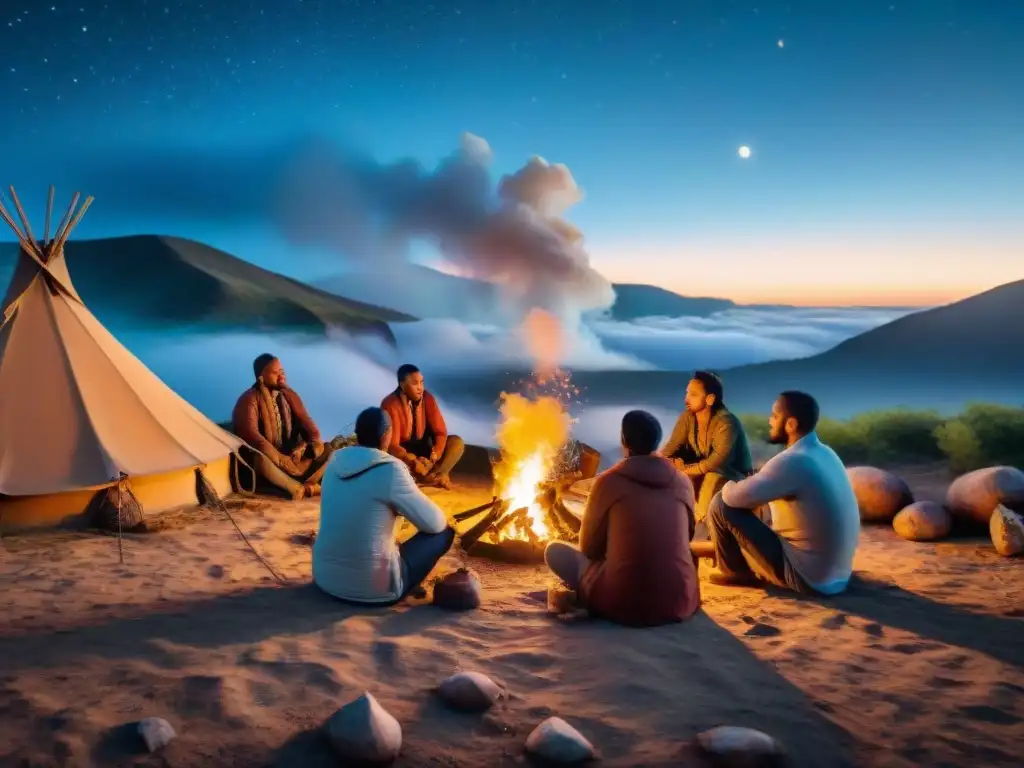 Una hermosa imagen de tribus nómadas en retiros espirituales bajo el cielo estrellado