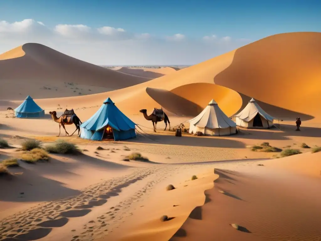 Hermoso campamento nómada en el desierto dorado, con tiendas de pelo de camello y personas en actividades tradicionales