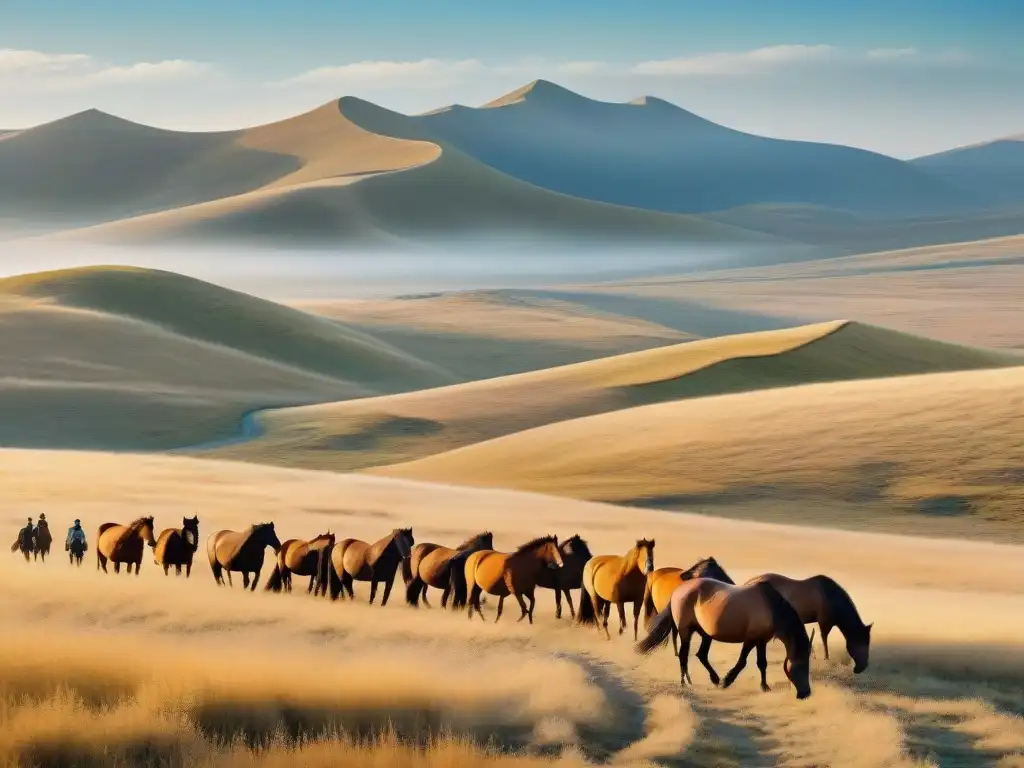 Hermoso paisaje de estepa con caballos salvajes corriendo, evocando la gestión de estepas con zonificación