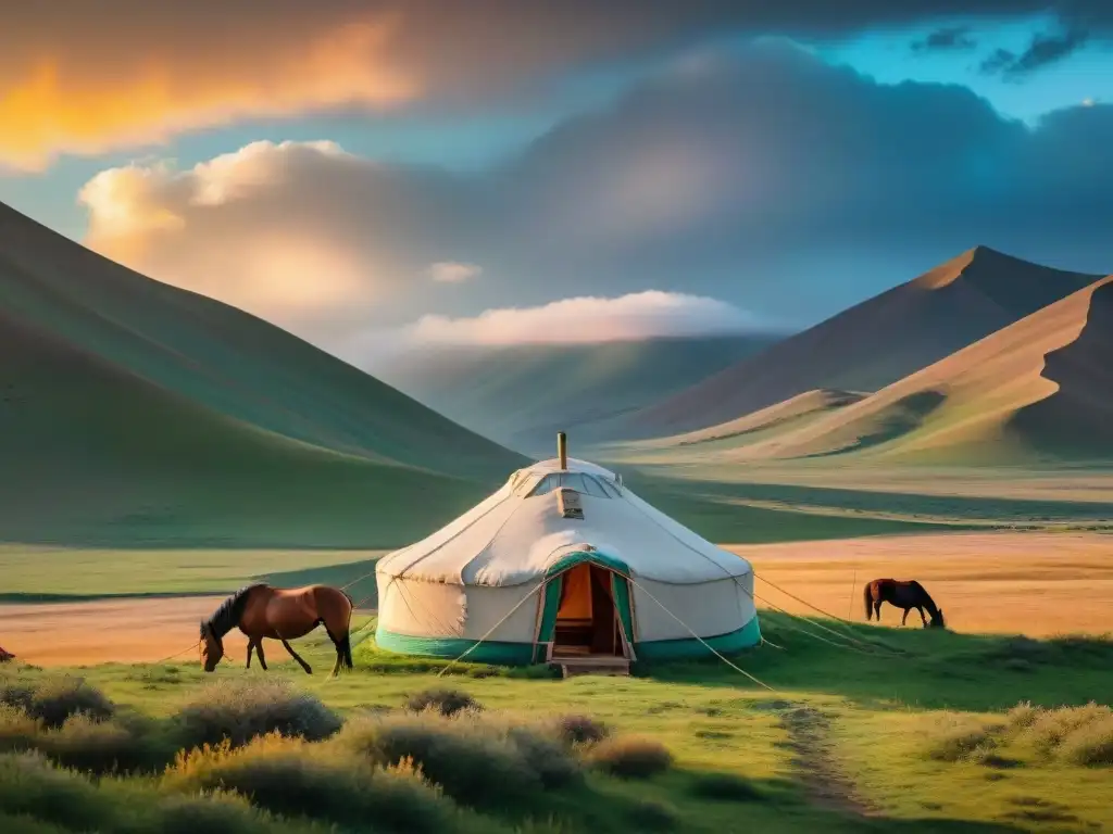 Hermoso paisaje de estepa con yurta nómada, caballos y montañas al horizonte