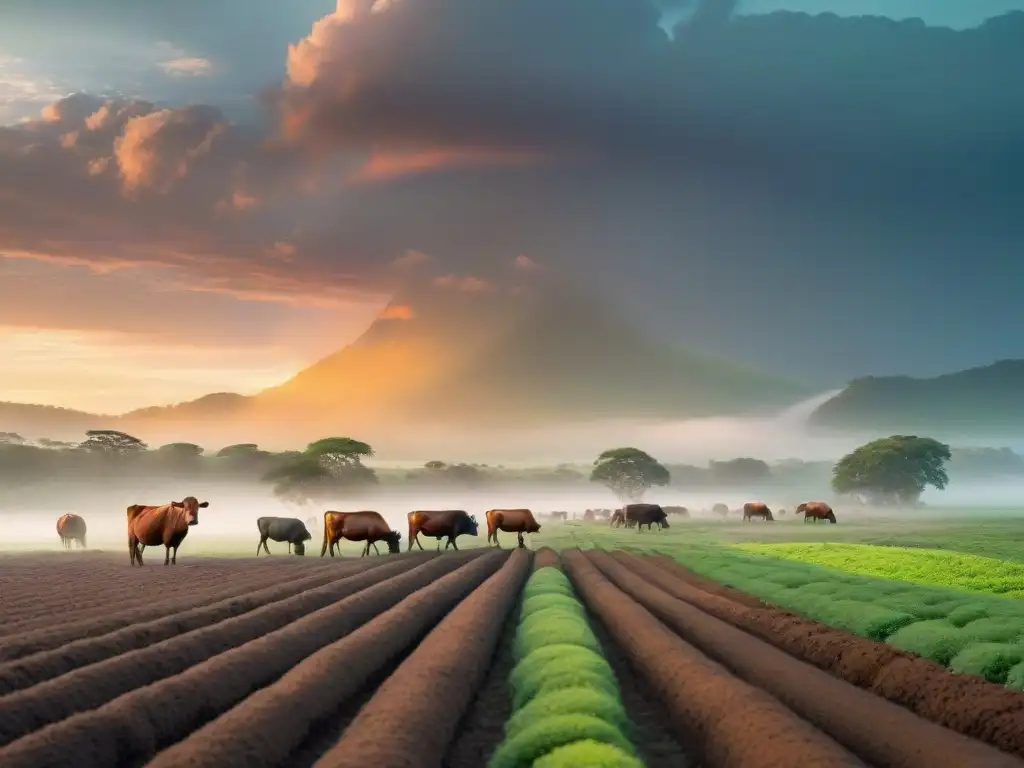 Hermoso pastoreo regenerativo en una pradera verde con diversidad de animales bajo un atardecer vibrante