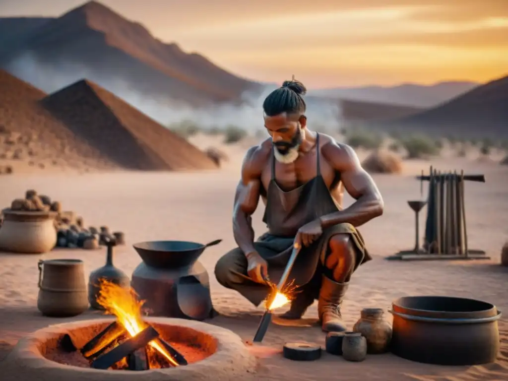 Un herrero nómada frente a una forja en el desierto, creando una pieza de metal con herramientas tradicionales