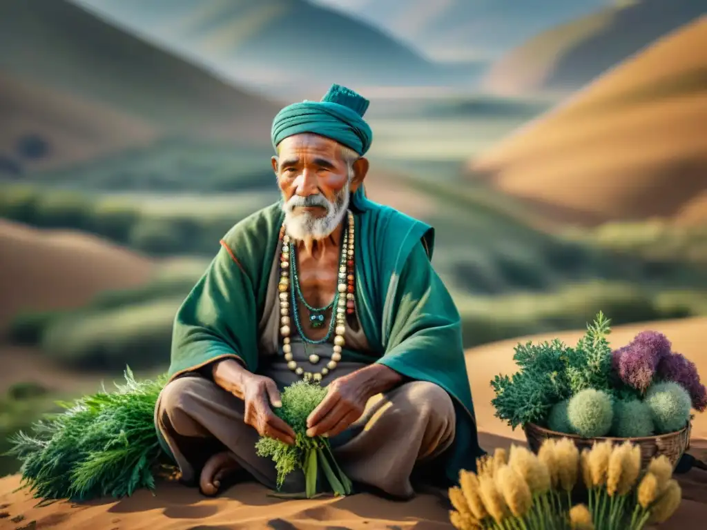 Sabiduría ancestral: anciano tribal seleccionando hierbas medicinales en la estepa Tribal elder recogiendo hierbas medicinales en las colinas - Conocimiento herbal tribus nómadas