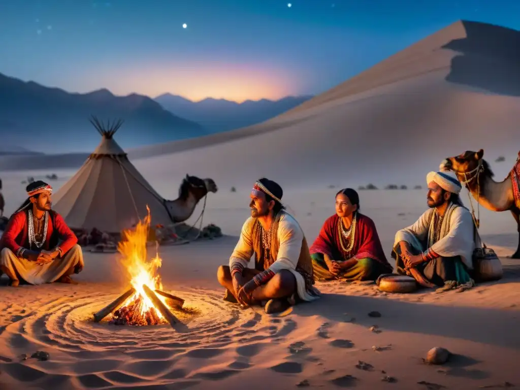 La historia de una tribu nómada se revela a través de sus vestimentas tradicionales bordadas, en medio de la noche estrellada del desierto