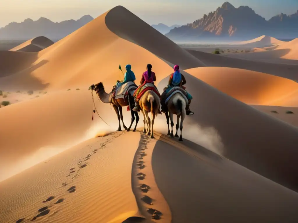 Historia de tribus nómadas en un desierto con textiles y joyas coloridas al atardecer