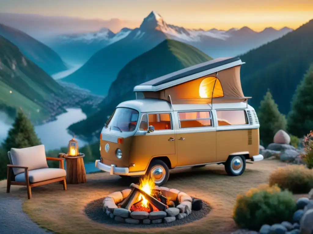 Un hogar nómada: Volkswagen camper van en la montaña al atardecer con luces y fogata