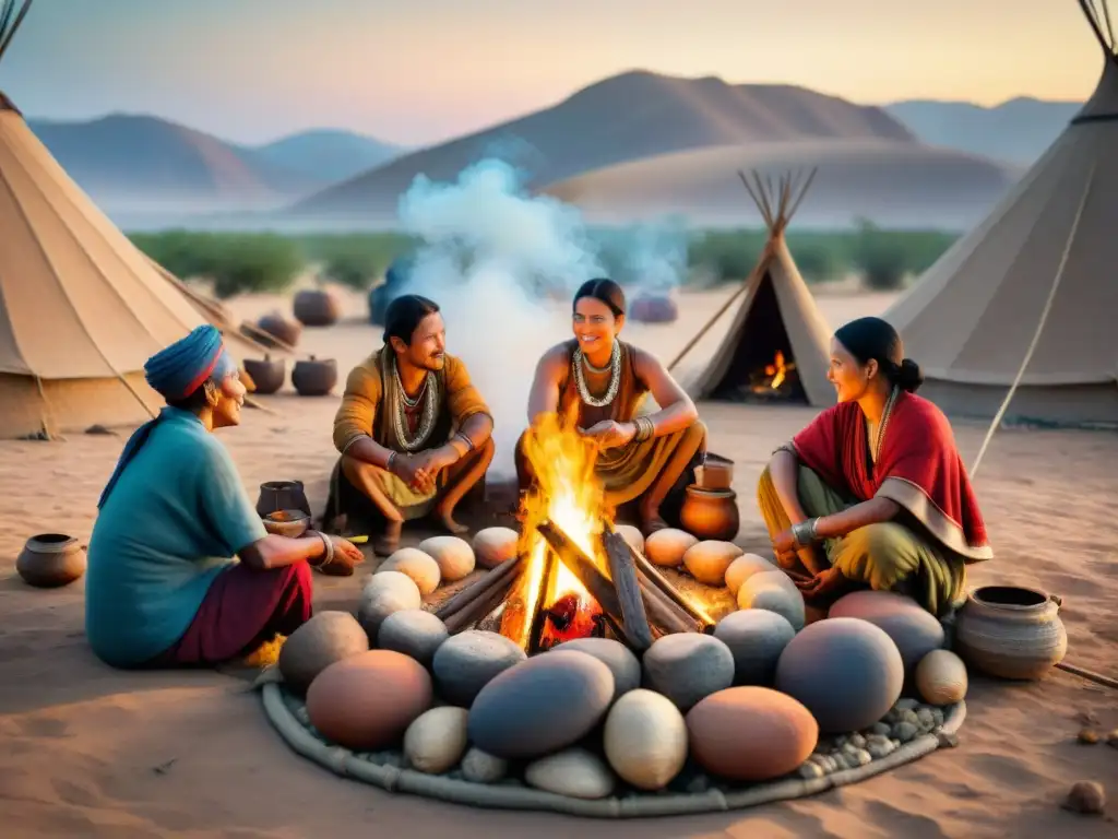 Cocinando en la hoguera: una tribu nómada prepara alimentos en un campamento del desierto