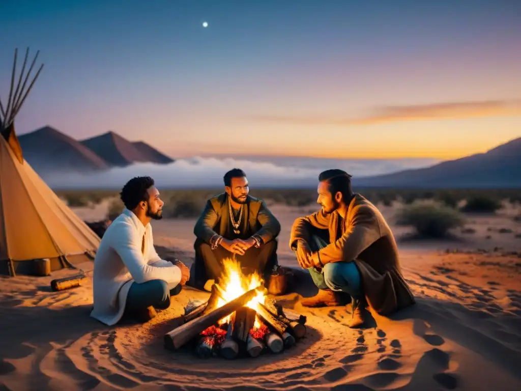 Hombres de tribus nómadas reunidos alrededor del fuego en el desierto al anochecer, transmitiendo masculinidad en tribus nómadas