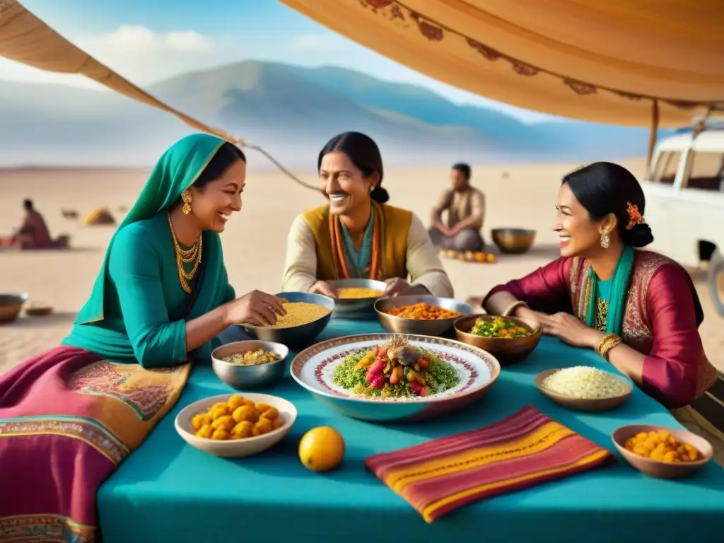 Hospitalidad nómada a través de comida: Familia nómada se reúne alrededor de mesa en desierto, con platos tradicionales y textiles coloridos